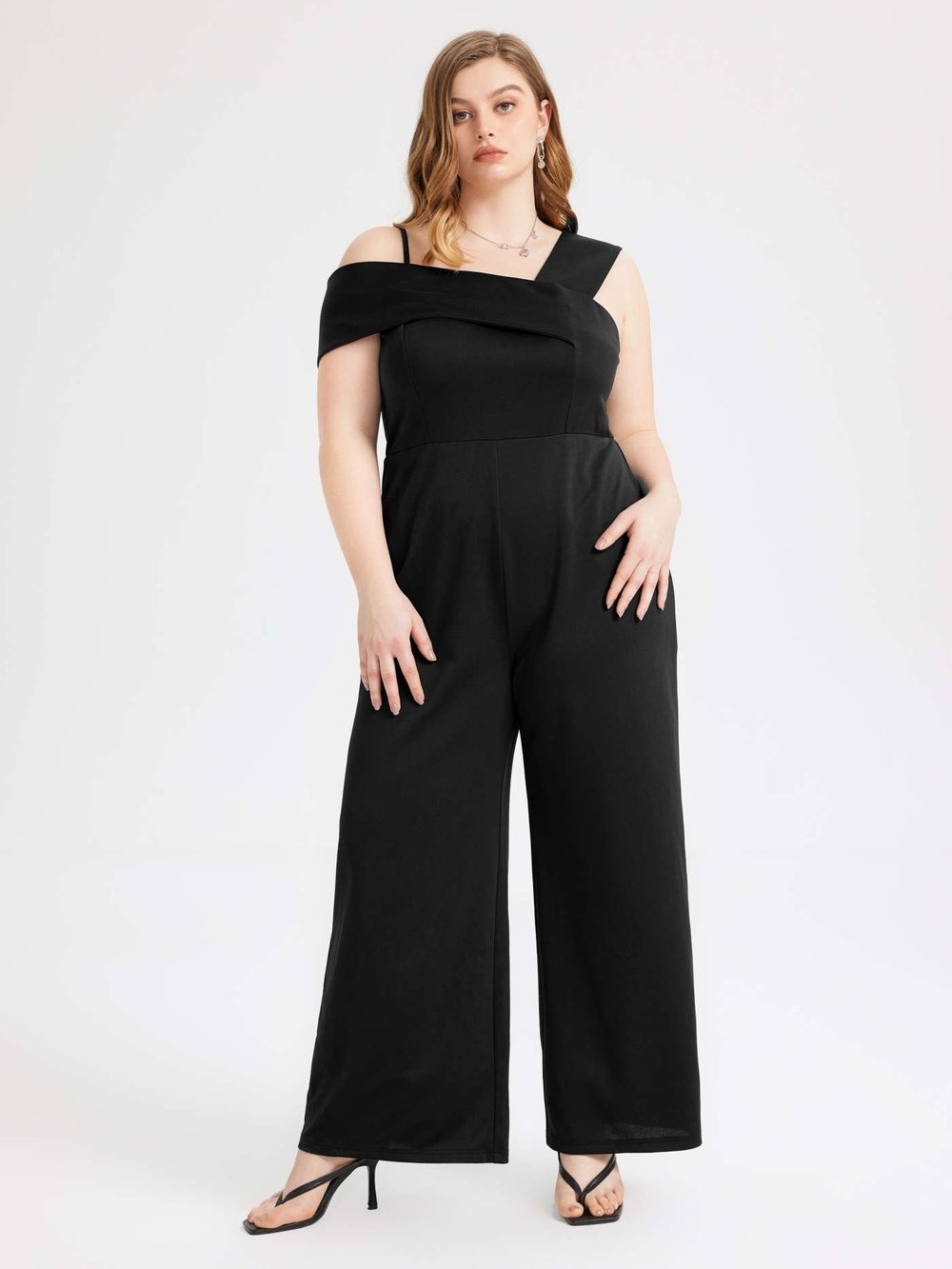 Cider Black One-Shoulder Wide-Leg Jumpsuit